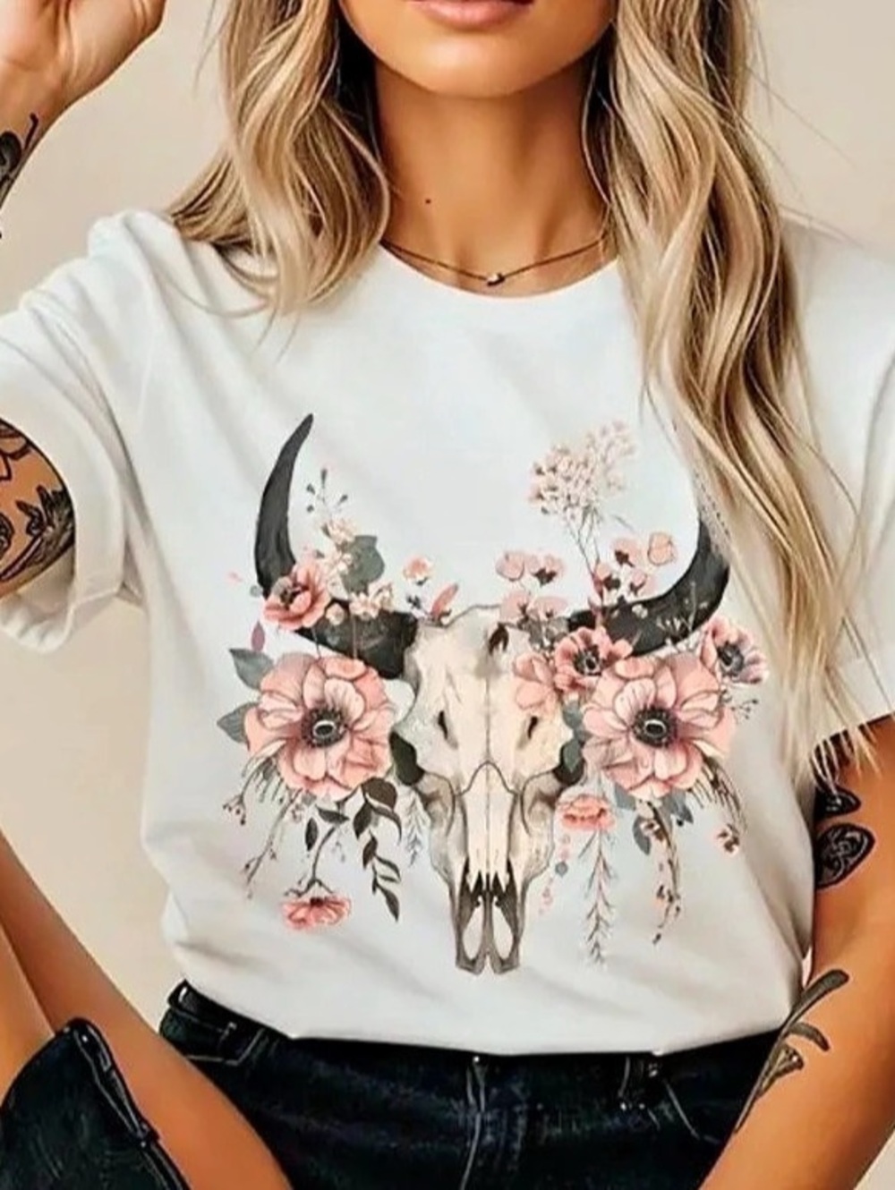 COLORBEAR Floral Bull Skull Western Graphic Tee